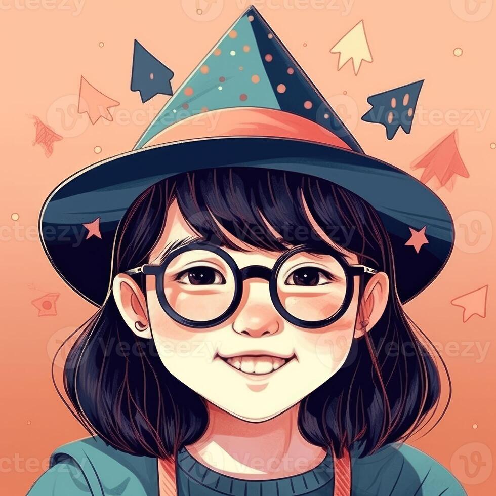 un niño con lentes y un sombrero es celebrando su cumpleaños, dibujos animados ilustración con generativo ai foto