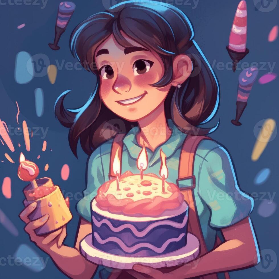 A girl is holding a cake while celebrating a birthday, cartoon illustration with photo