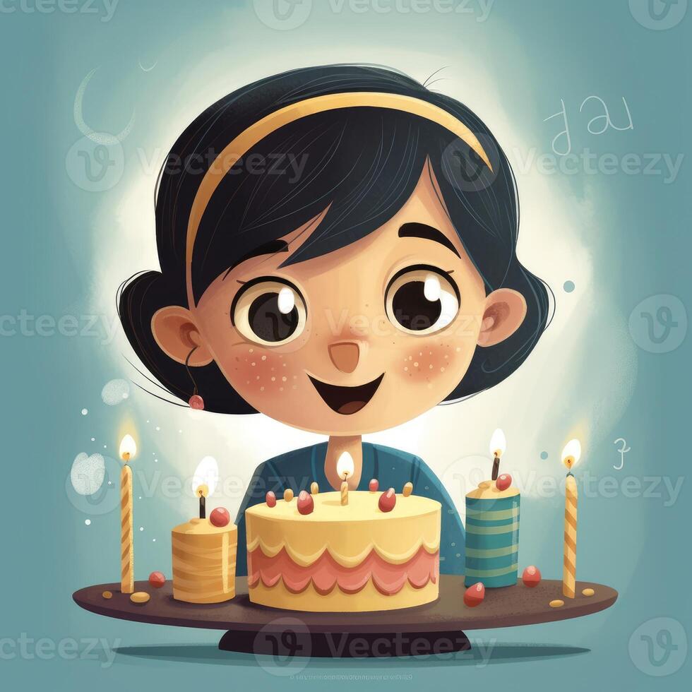 A girl is holding a cake while celebrating a birthday, cartoon illustration with photo