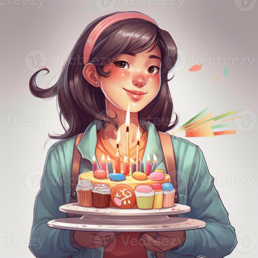 un niña es participación un pastel mientras celebrando un cumpleaños, dibujos animados ilustración con generativo ai foto