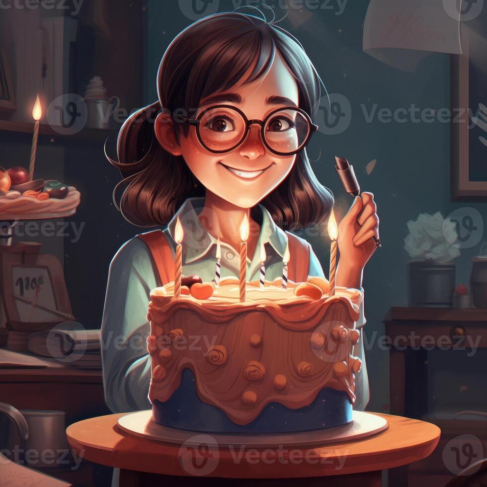 A girl is holding a cake while celebrating a birthday, cartoon illustration with photo