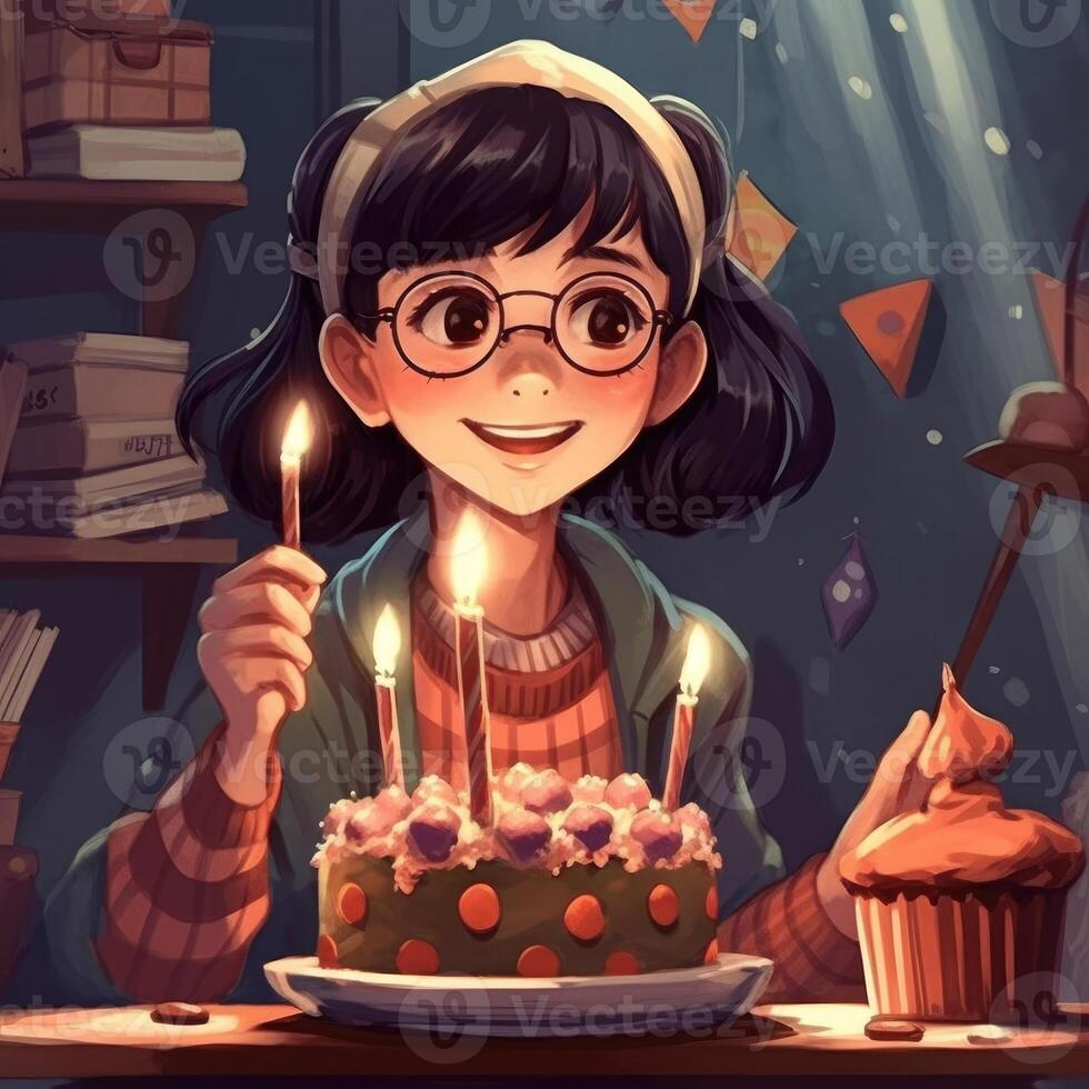 A girl is holding a cake while celebrating a birthday, cartoon illustration with photo