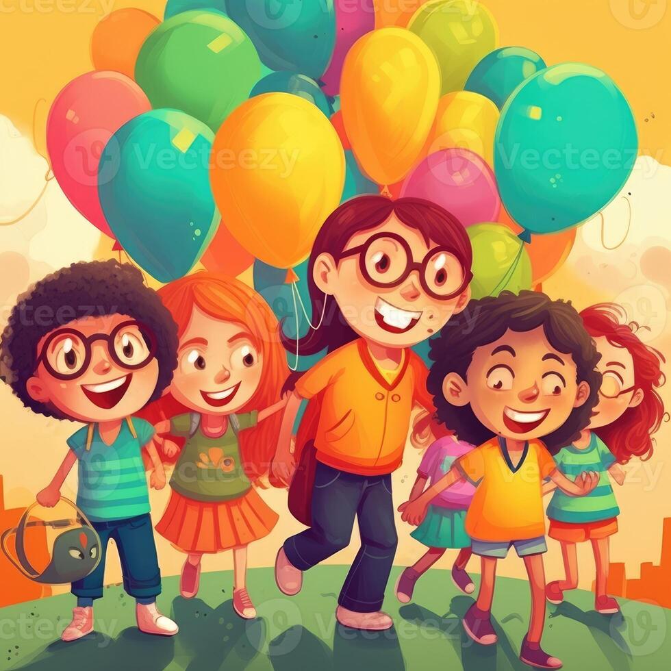 Two children holding balloons walking, cartoon illustration with photo