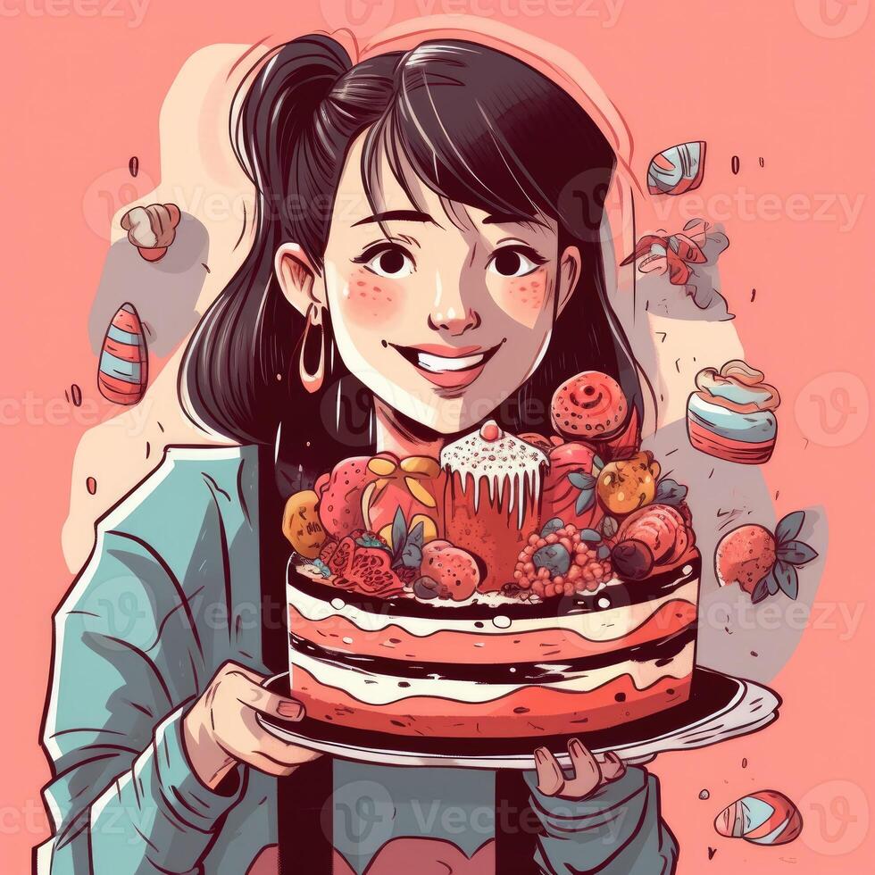 un niña es participación un pastel mientras celebrando un cumpleaños, dibujos animados ilustración con generativo ai foto