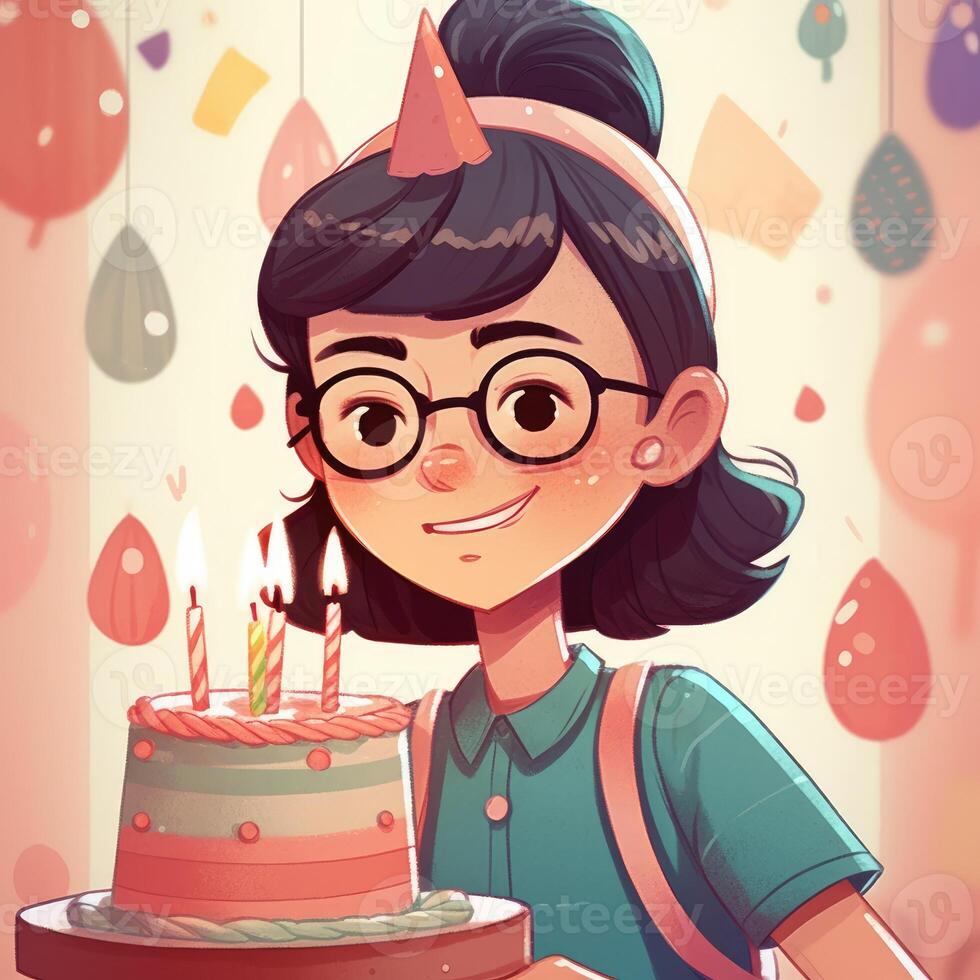 A girl is holding a cake while celebrating a birthday, cartoon illustration with photo
