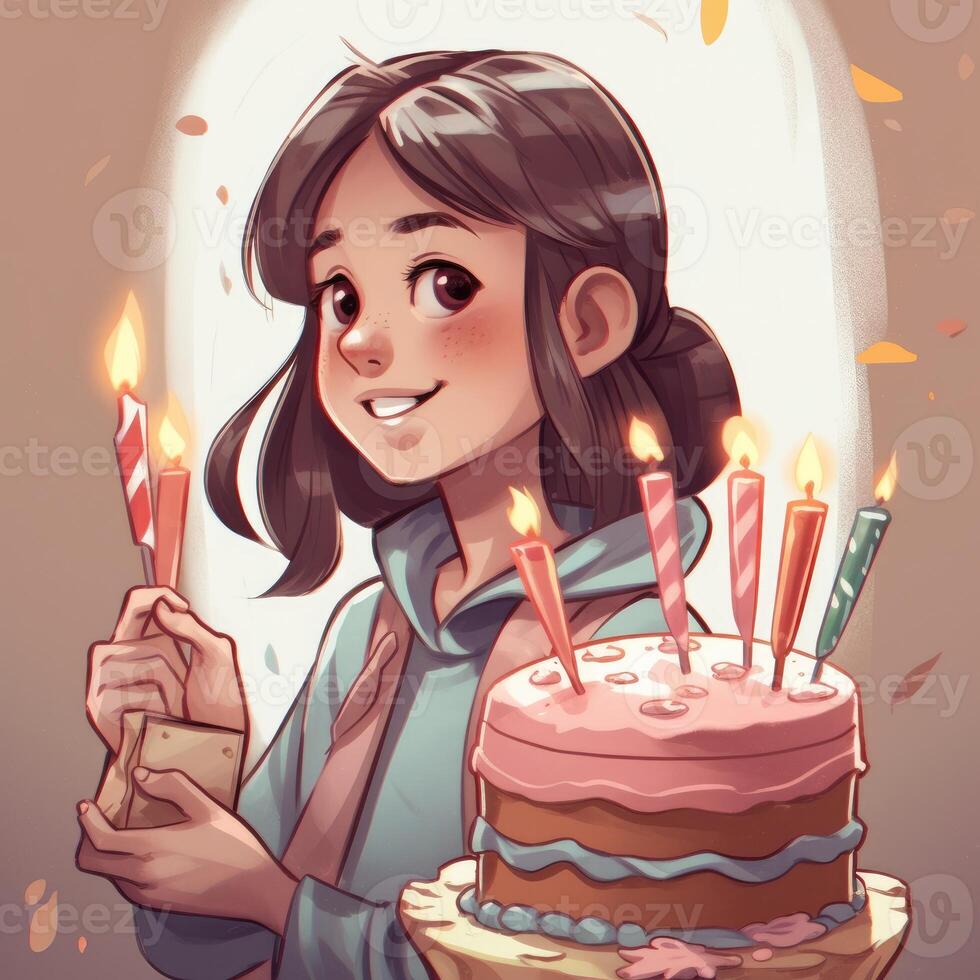 A girl is holding a cake while celebrating a birthday, cartoon illustration with photo