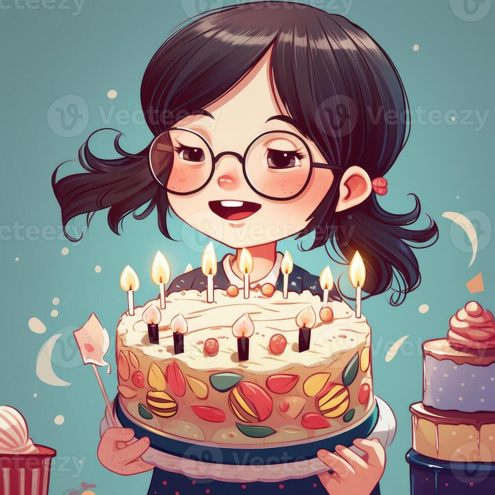 A girl is holding a cake while celebrating a birthday, cartoon illustration with photo