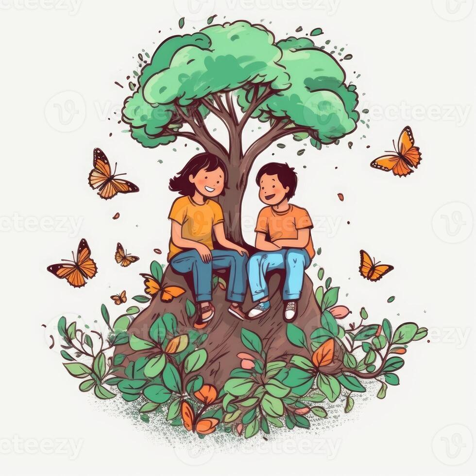 Two kids playing around the tree, cartoon illustration with photo