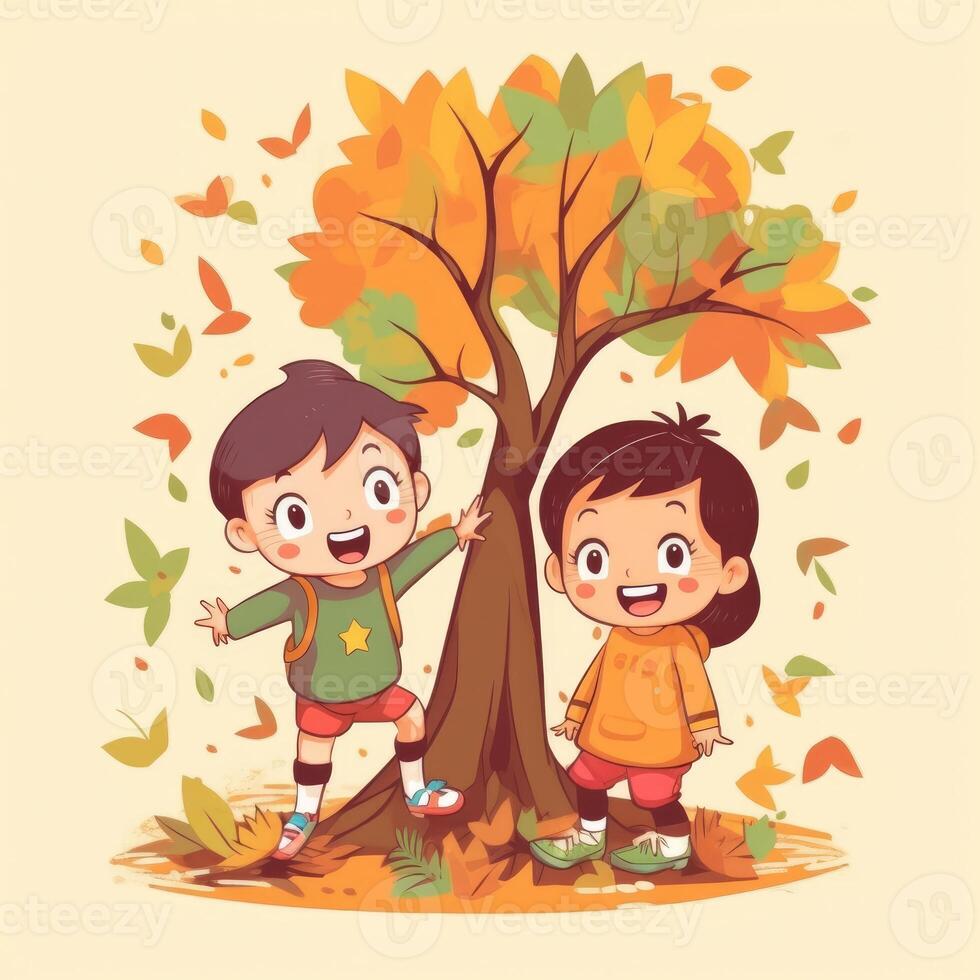 Two kids playing around the tree, cartoon illustration with photo