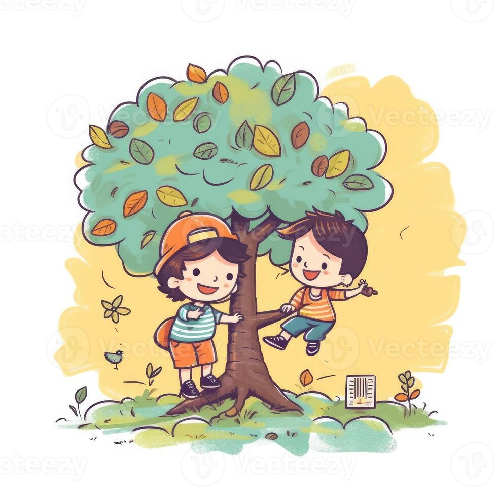 Two kids playing around the tree, cartoon illustration with photo