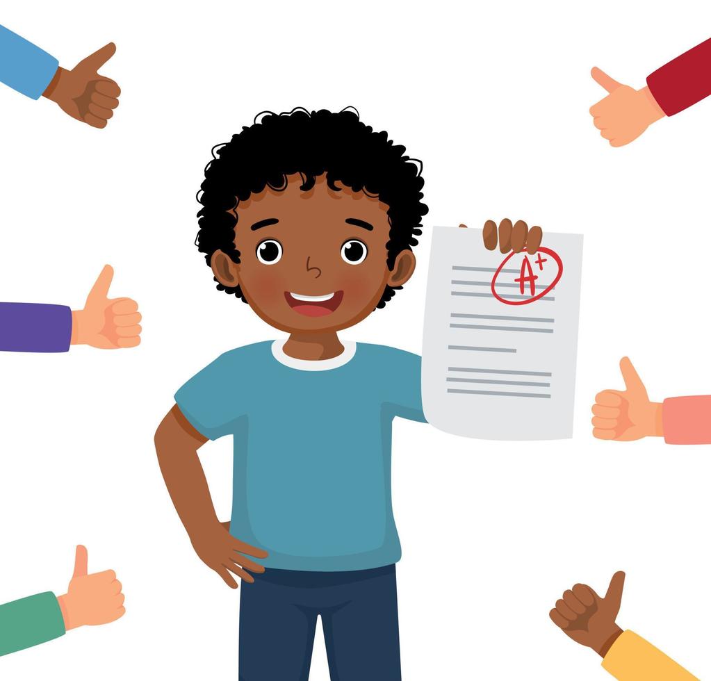 happy little African boy feel proud showing A plus test result surrounded  by many thumbs up getting like gestures 22595713 Vector Art at Vecteezy