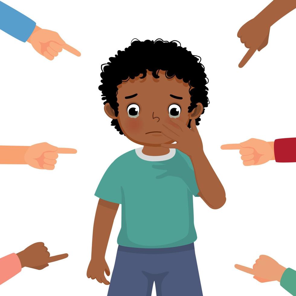 Little African boy crying get bullied at school feeling sad, guilty and ashamed with finger surrounding pointing at him blaming and accusing him in public vector
