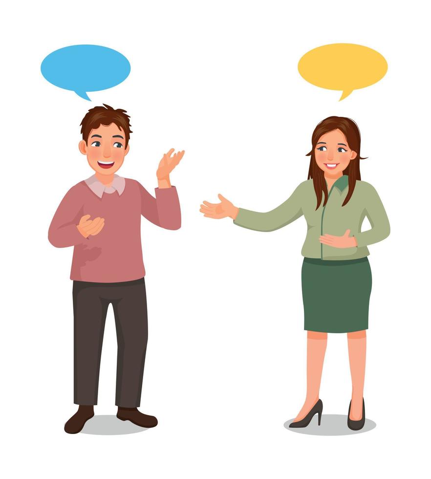 Young people talking between business man and woman having conversation with speech bubbles vector