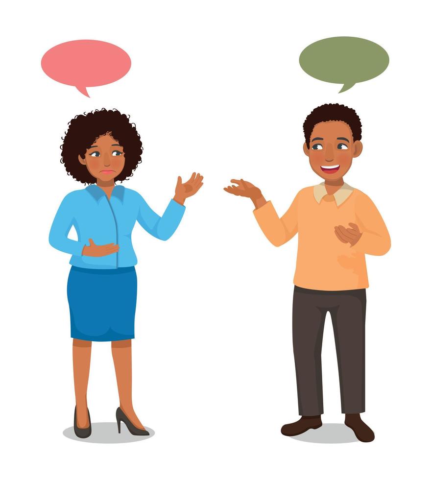 Young people talking between African business man and woman having conversation with speech bubbles vector