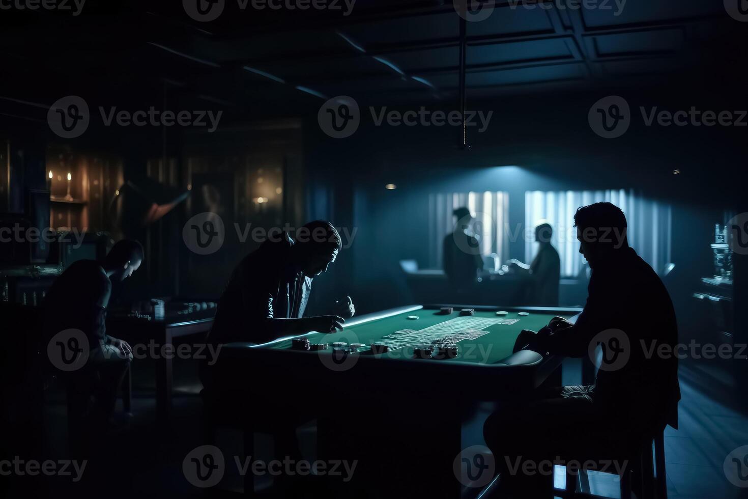 A dark room with the silhouettes of people gambling created with technology. photo