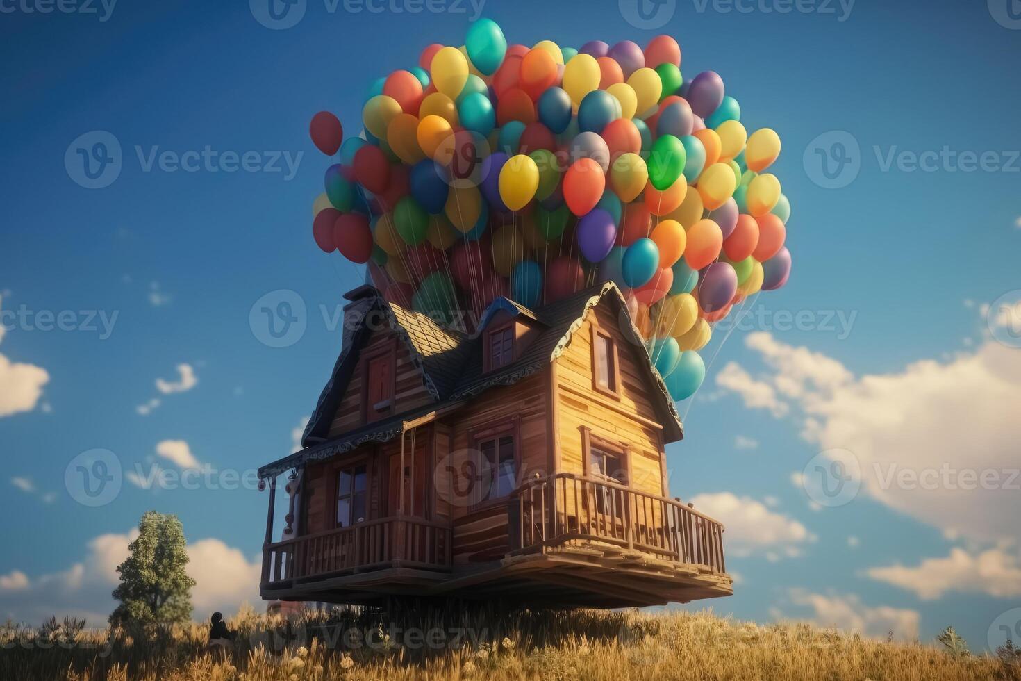 A small vintage house floats through the sky on many colourful balloons created with technology. photo