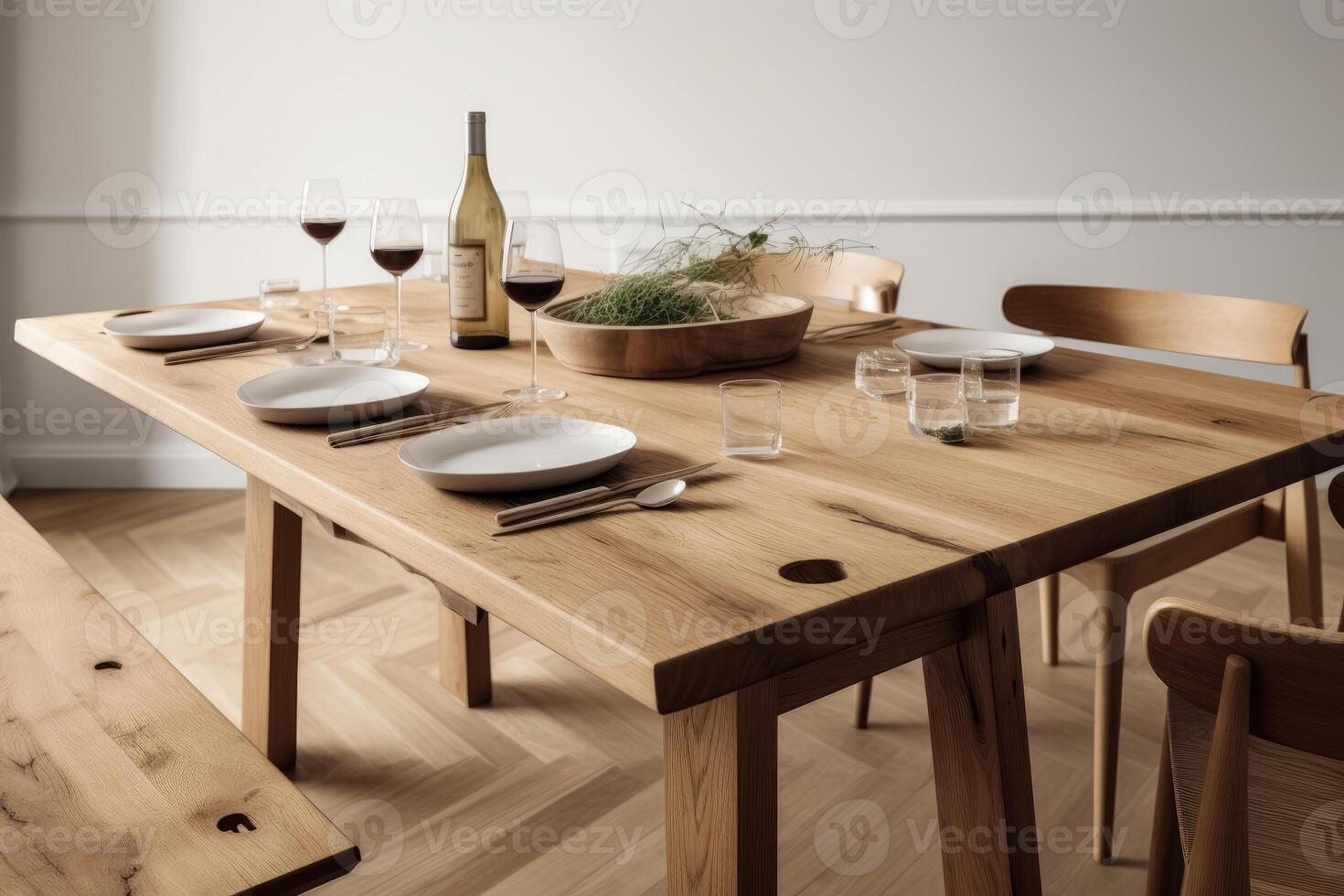 A dinner table made of rustic oak wood created with technology. photo