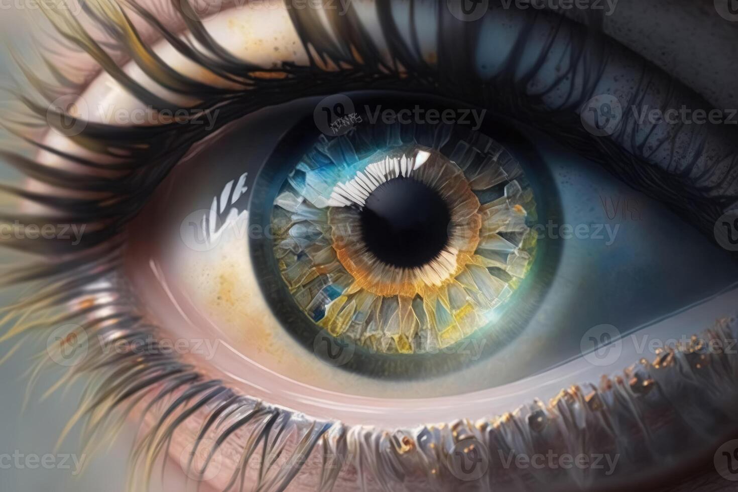 Close up of a female eye in steampunk style created with technology. photo
