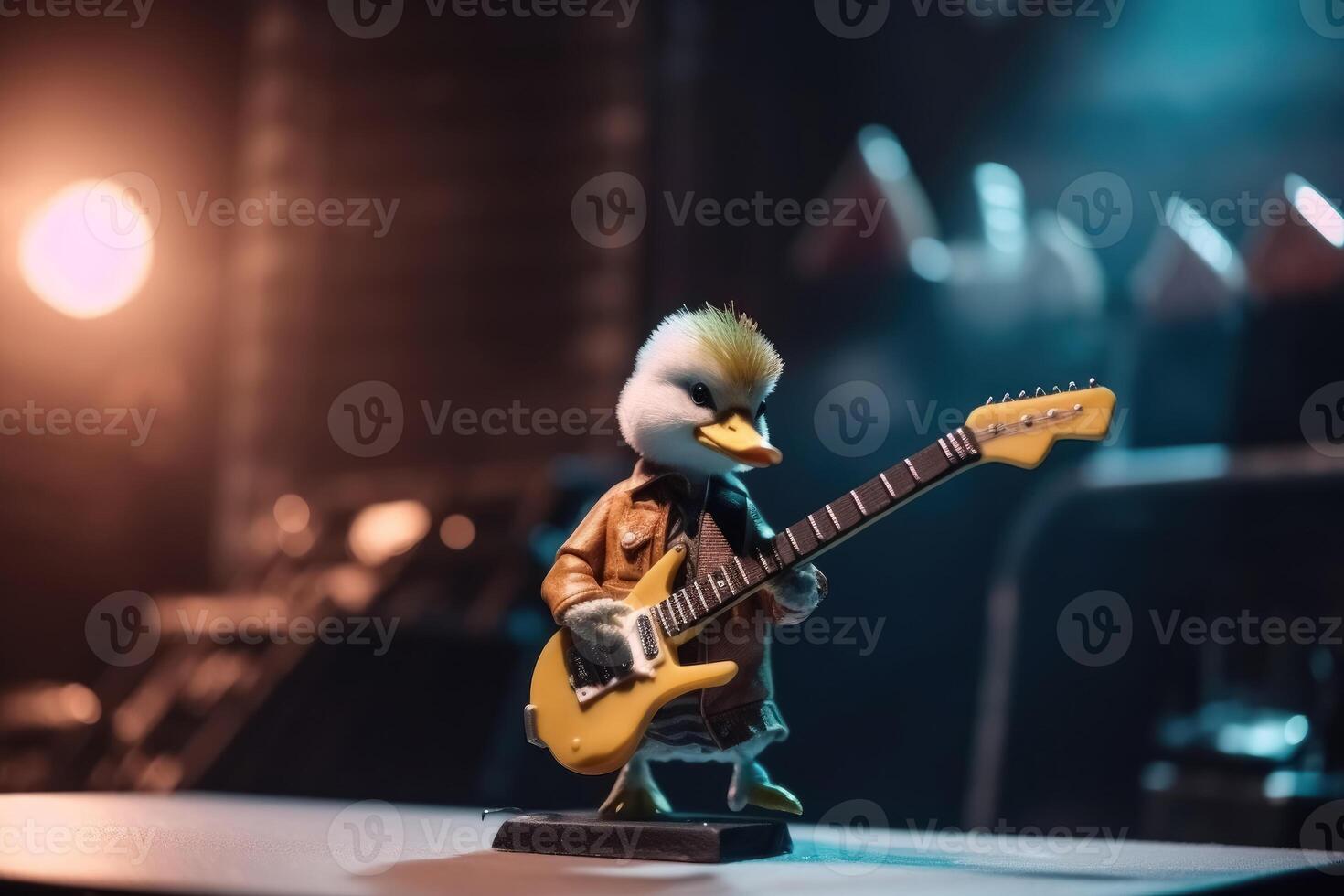 A duck plays rock music on an electric guitar with its wing on a rock concert stage created with technology. photo