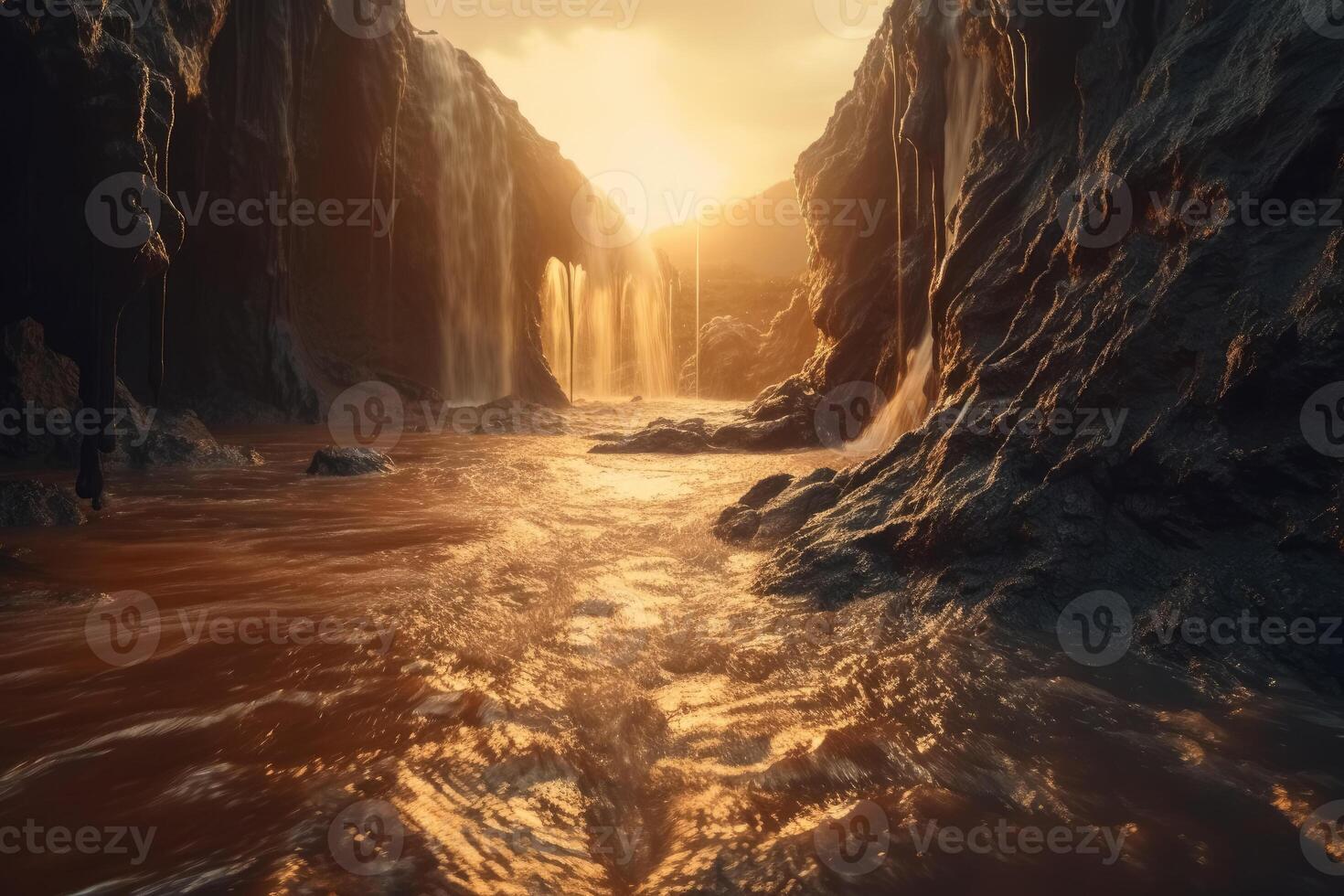 A waterfall of liquid metal in an apocalyptic landscape created with technology. photo