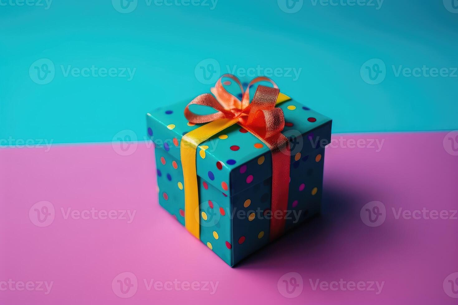 A beautiful birthday present box on a colorful background created with technology. photo