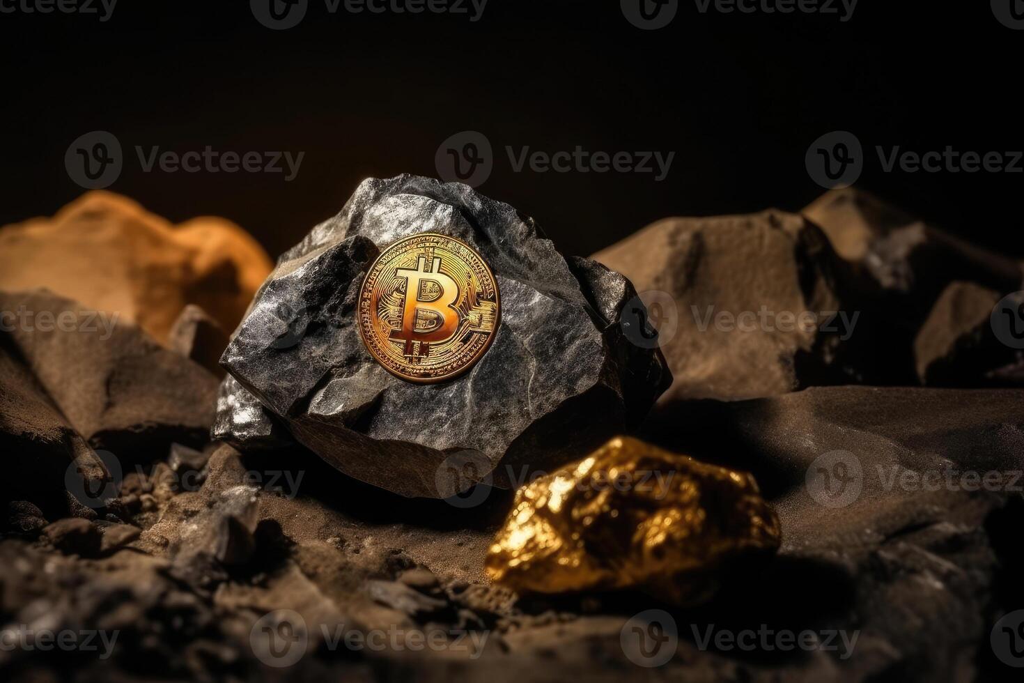 Bitcoin crypto currency mined directly from ore created with technology. photo