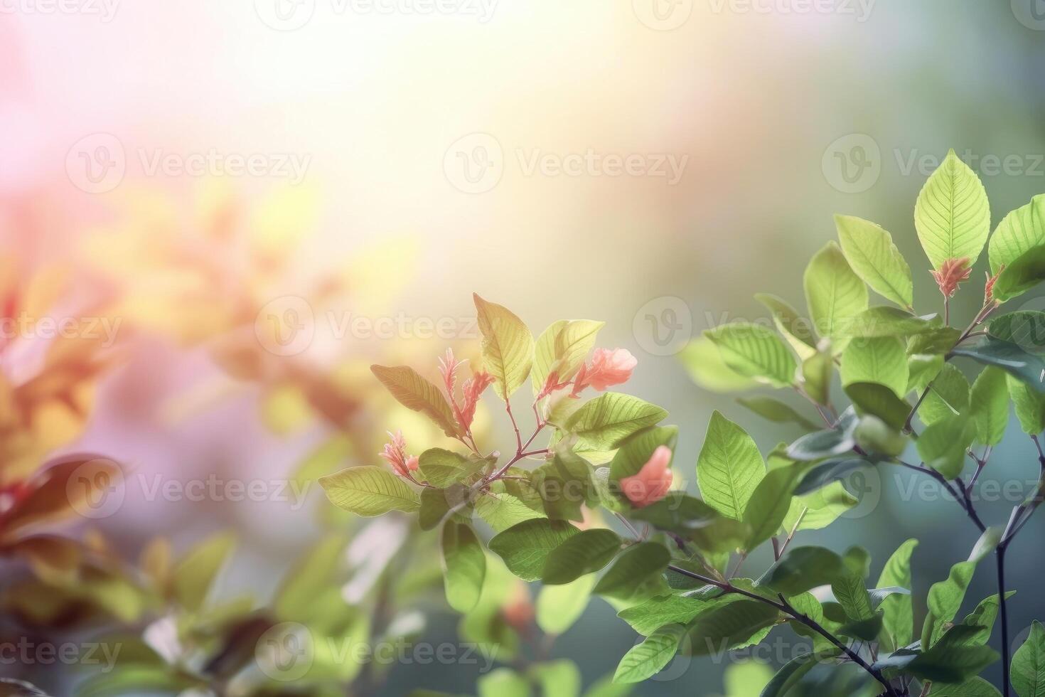 A beautiful spring background with leaves and little flowers on a light background created with technology. photo