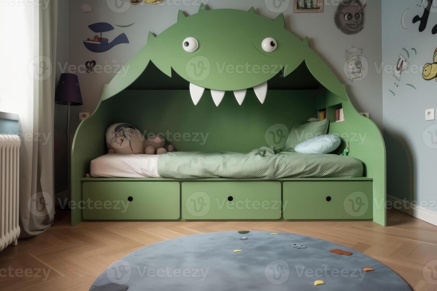 A kids bedroom with a monster bed created with technology. photo