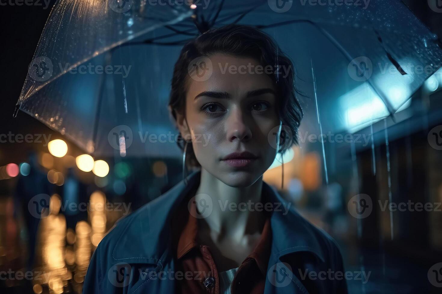 A young woman with an umbrella seen from behind walks in a modern city at night and heavy rain created with technology. photo