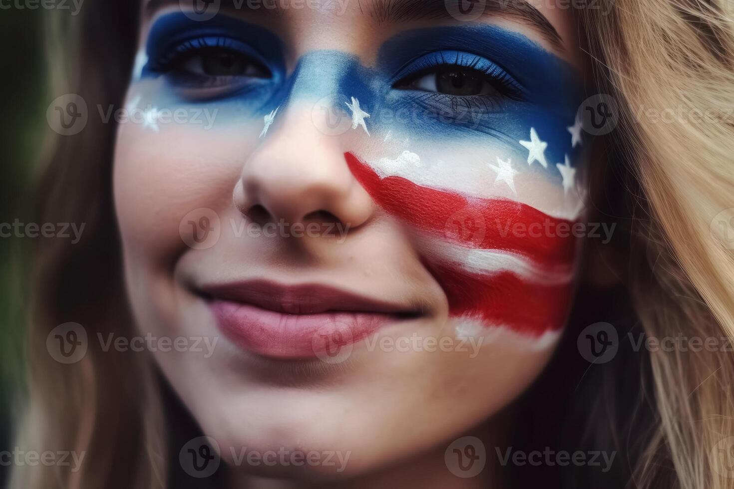 independencia día celebracion cerca arriba de mujer cara pintado con el nosotros bandera creado con generativo ai tecnología. foto