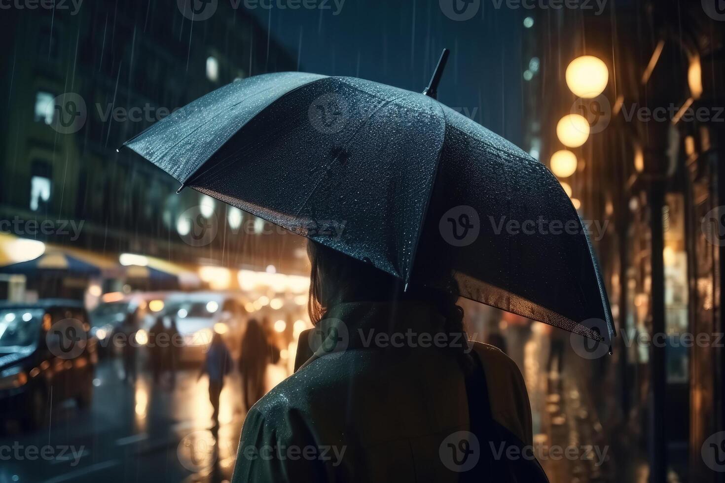A young woman with an umbrella seen from behind walks in a modern city at night and heavy rain created with technology. photo