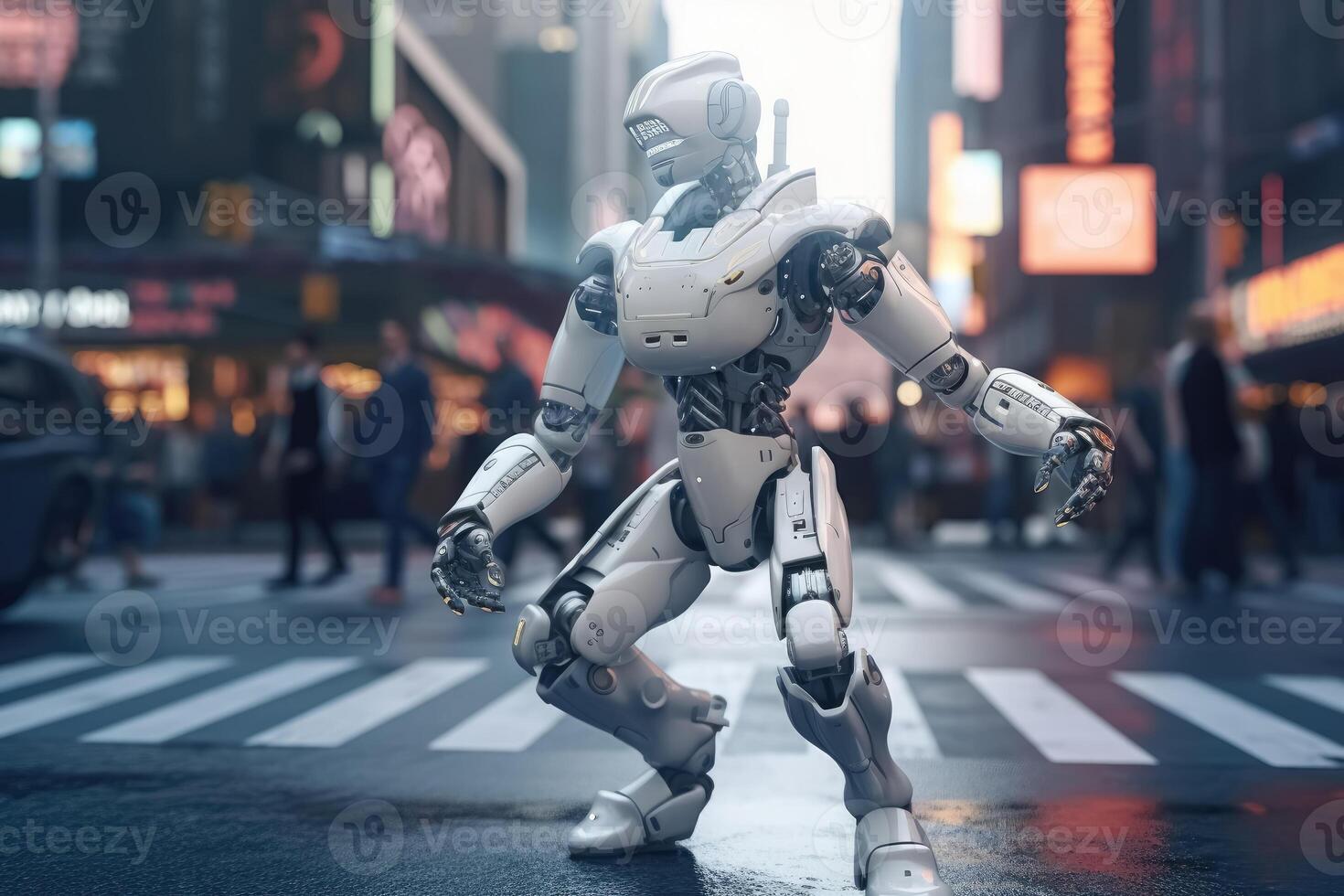 An AI robot dancing in a busy street for some money created with technology. photo