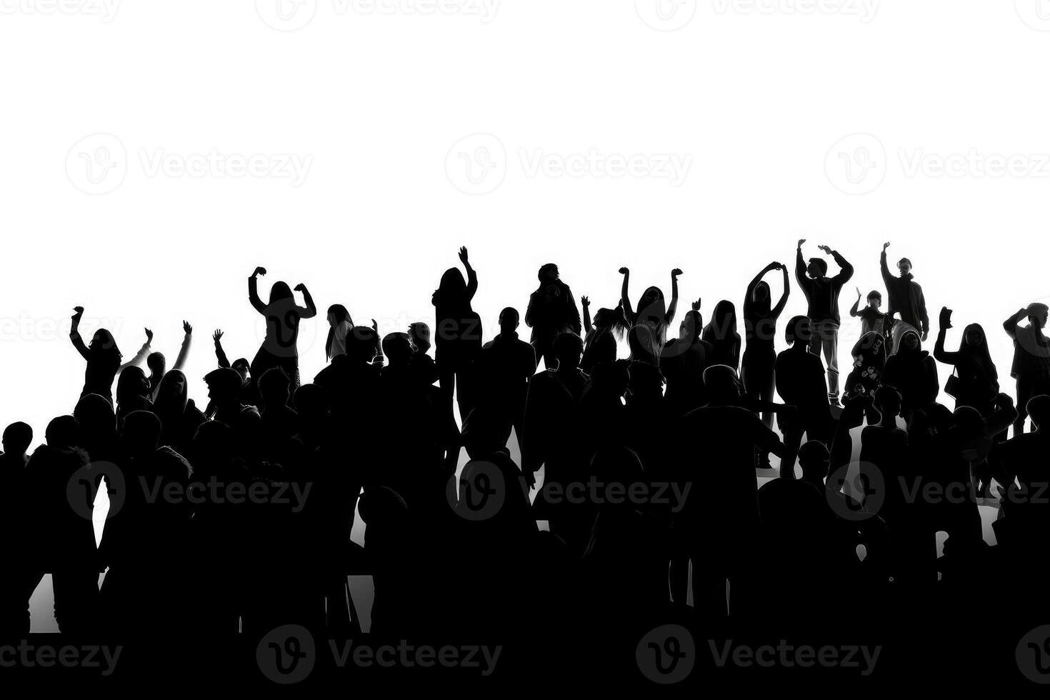 Black silhouette of a huge crowd of cheering people isolated on a white background created with technology. photo