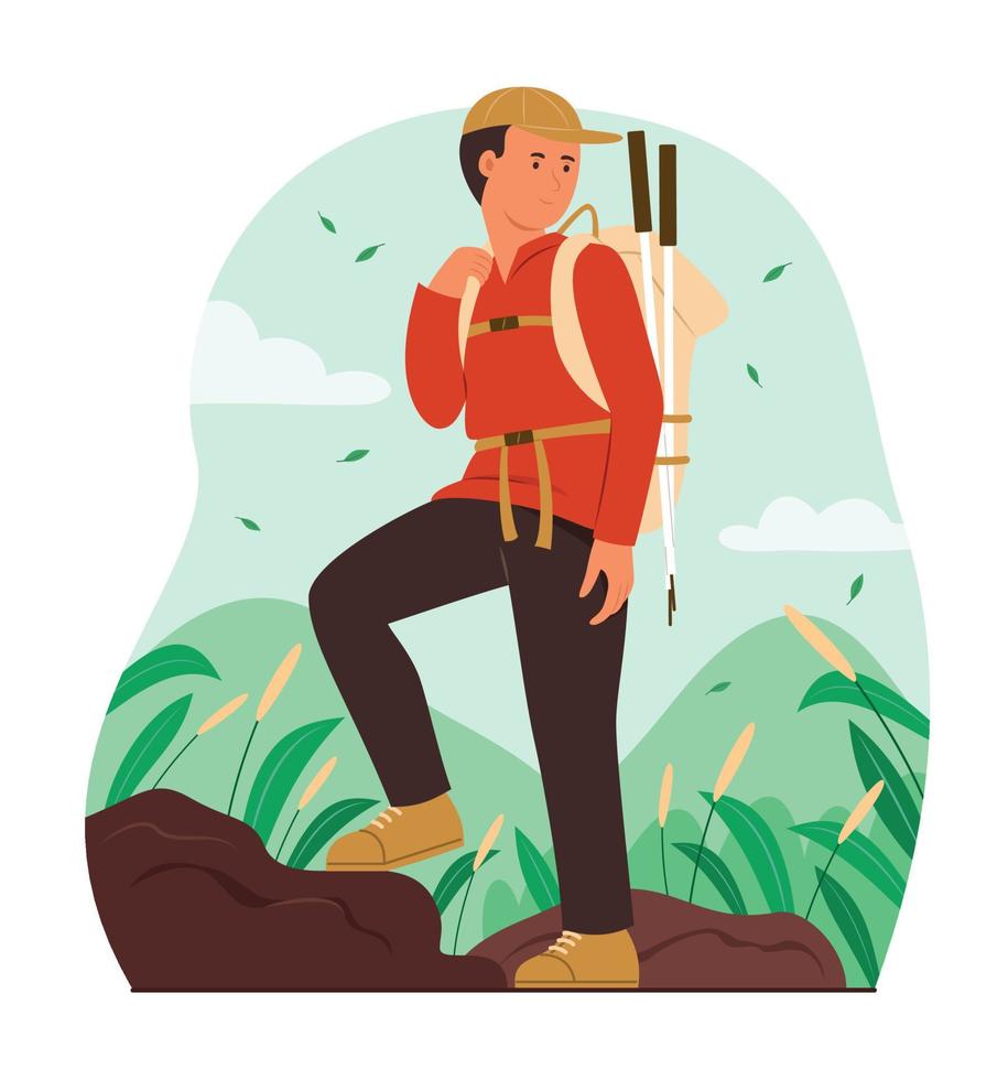 Man Hiking with Backpack Standing on Top of Mountain for Enjoying with Travel in Nature vector