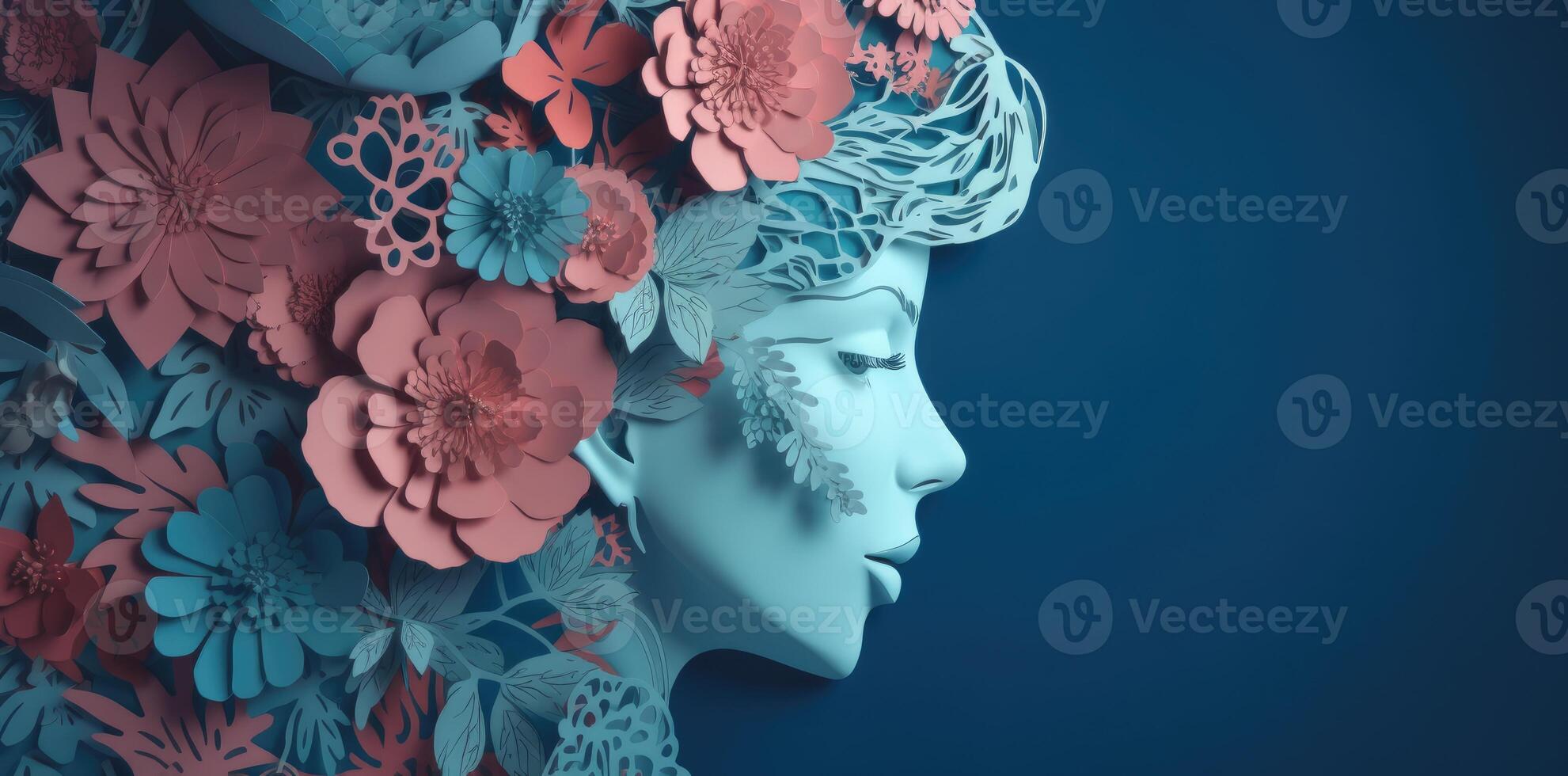 A girl's head filled with flowers, in the style of delicate paper cutouts, photo