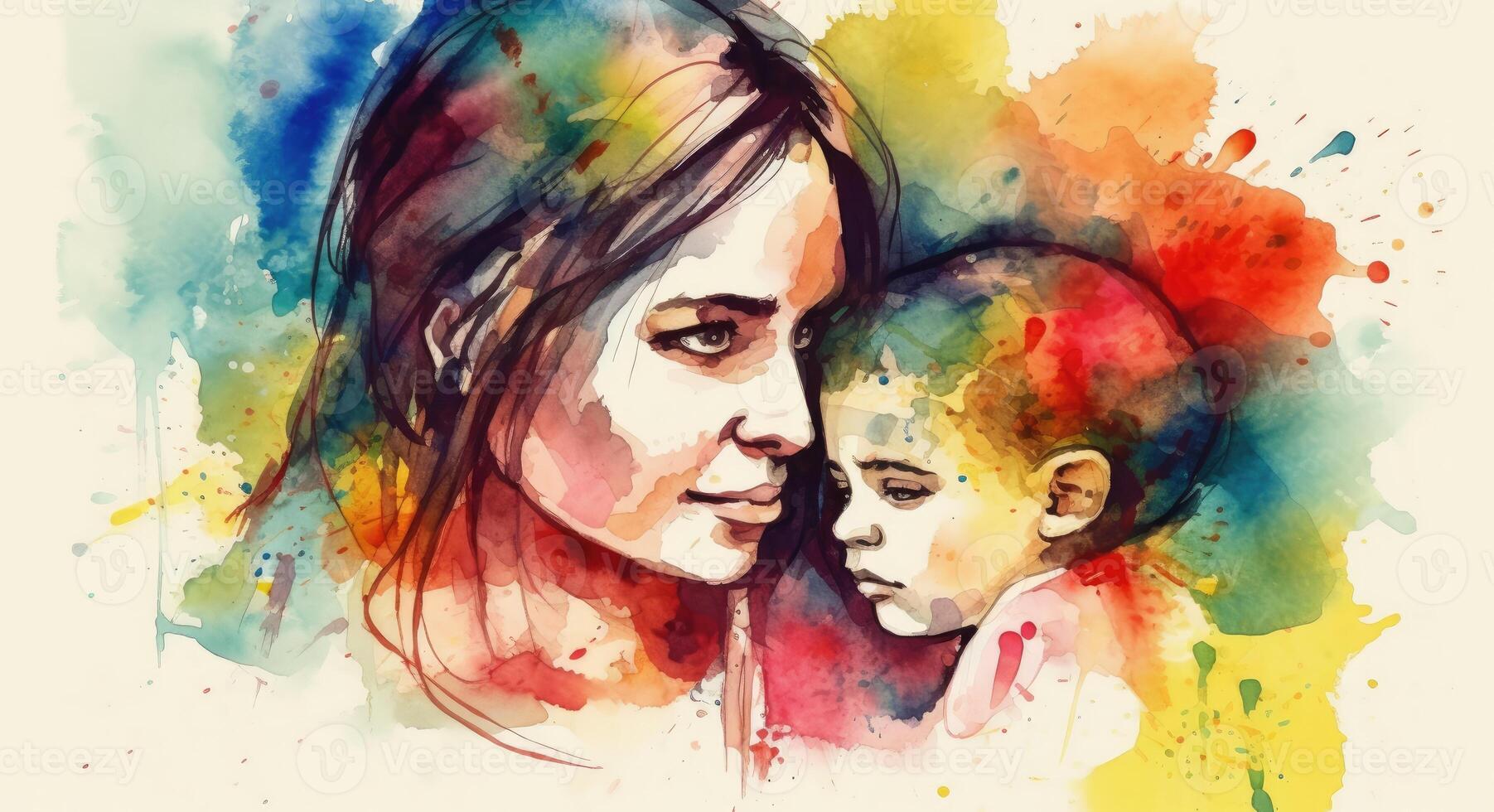 A watercolor drawing of a a mother and child together, illustration with photo