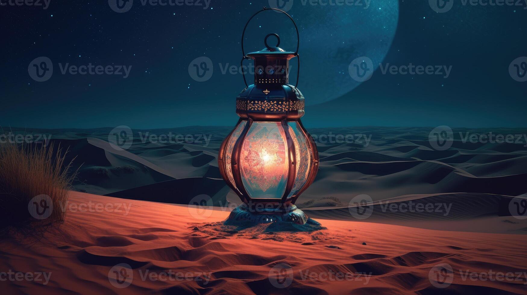 An image of an illuminated eid lantern at night with photo