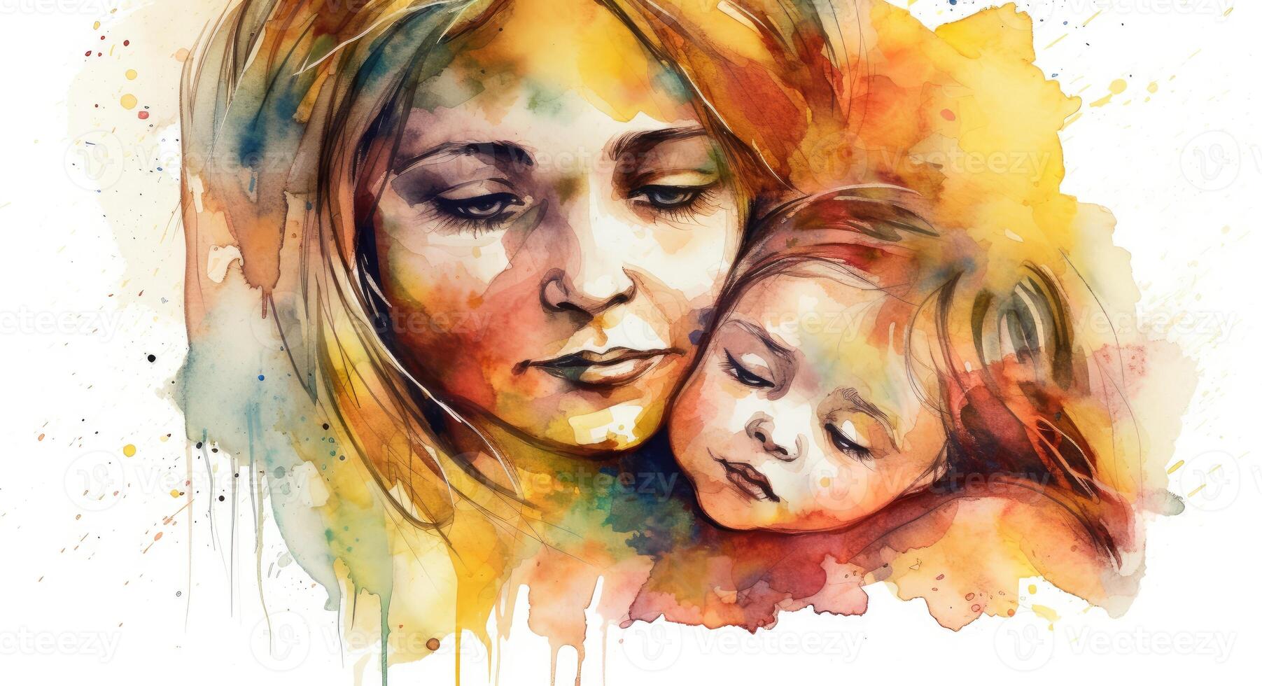 A watercolor drawing of a a mother and child together, illustration with photo