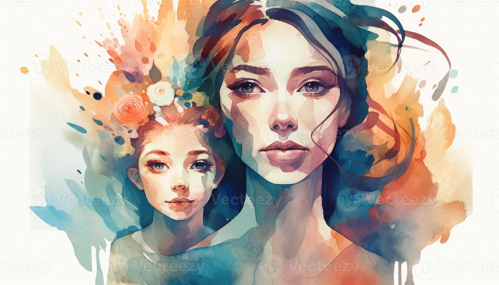 A watercolor drawing of a a mother and child together, illustration with photo
