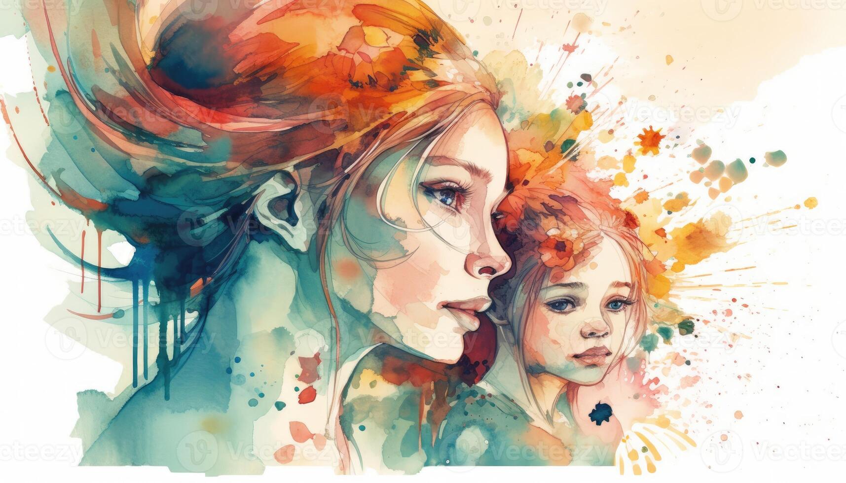 A watercolor drawing of a a mother and child together, illustration with photo