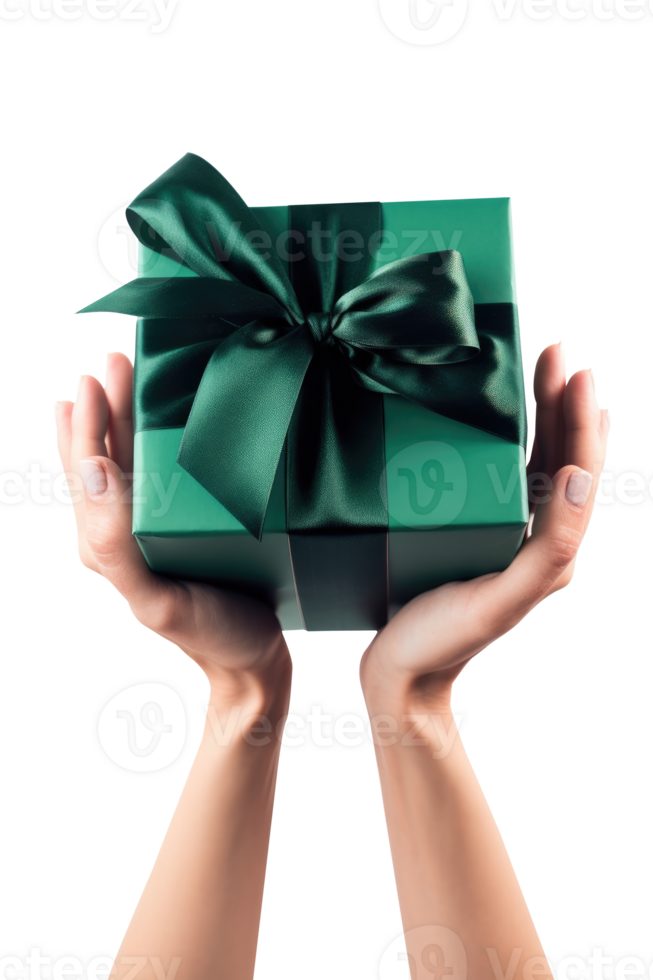 Top view gift box with green ribbon bow in female hands. isolated transparent background. png