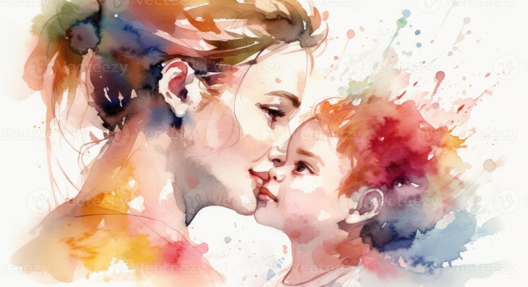 A watercolor drawing of a a mother and child together, illustration with photo