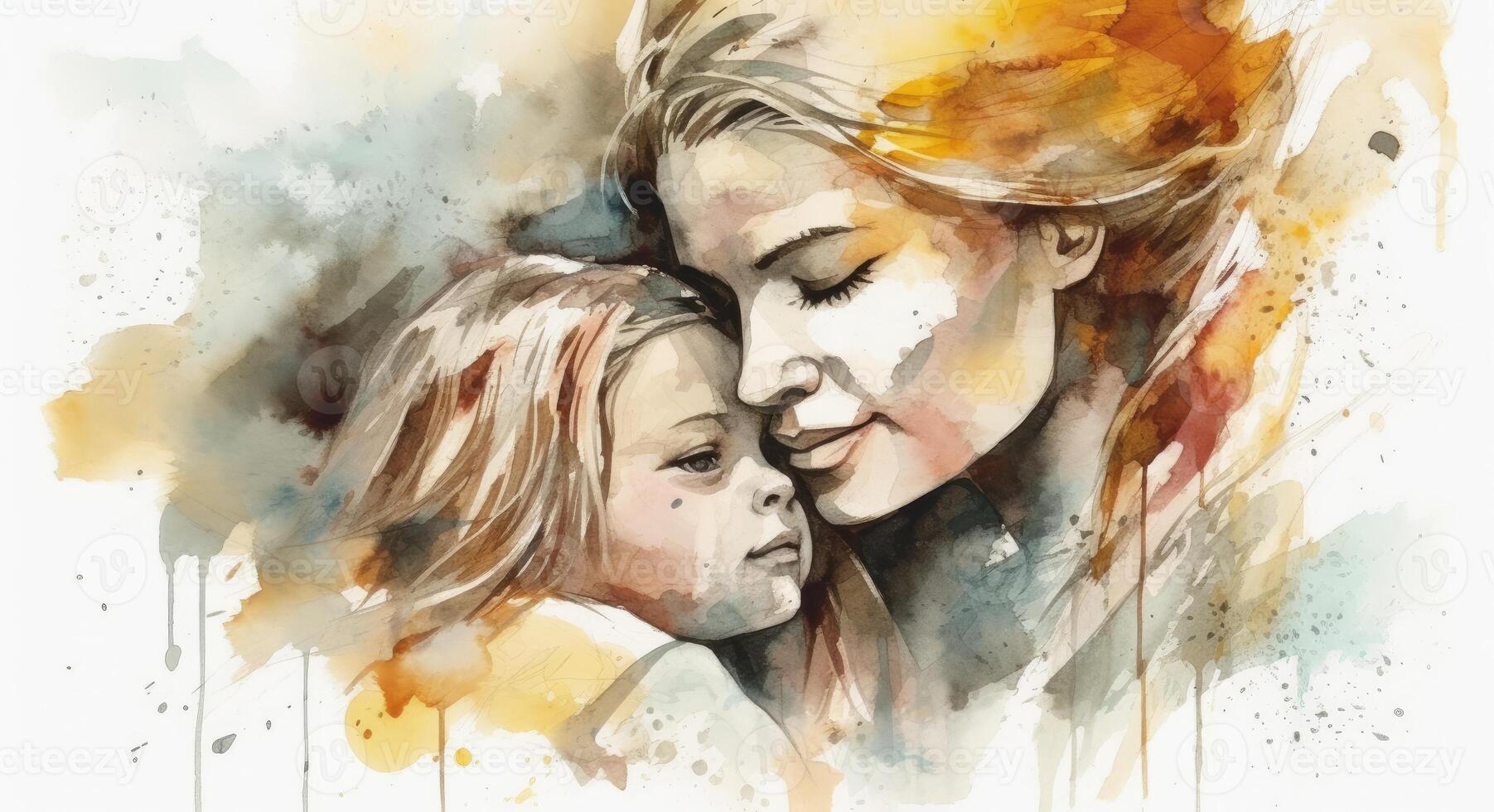 A watercolor drawing of a a mother and child together, illustration with photo