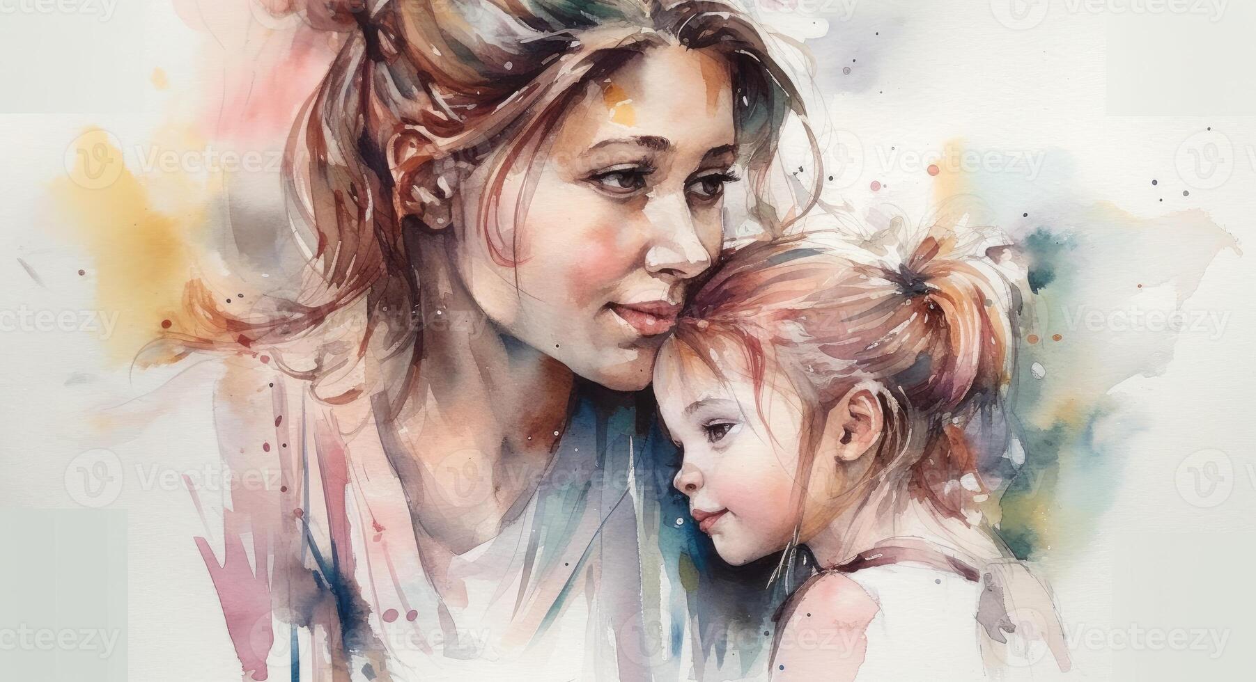 A watercolor drawing of a a mother and child together, illustration with photo
