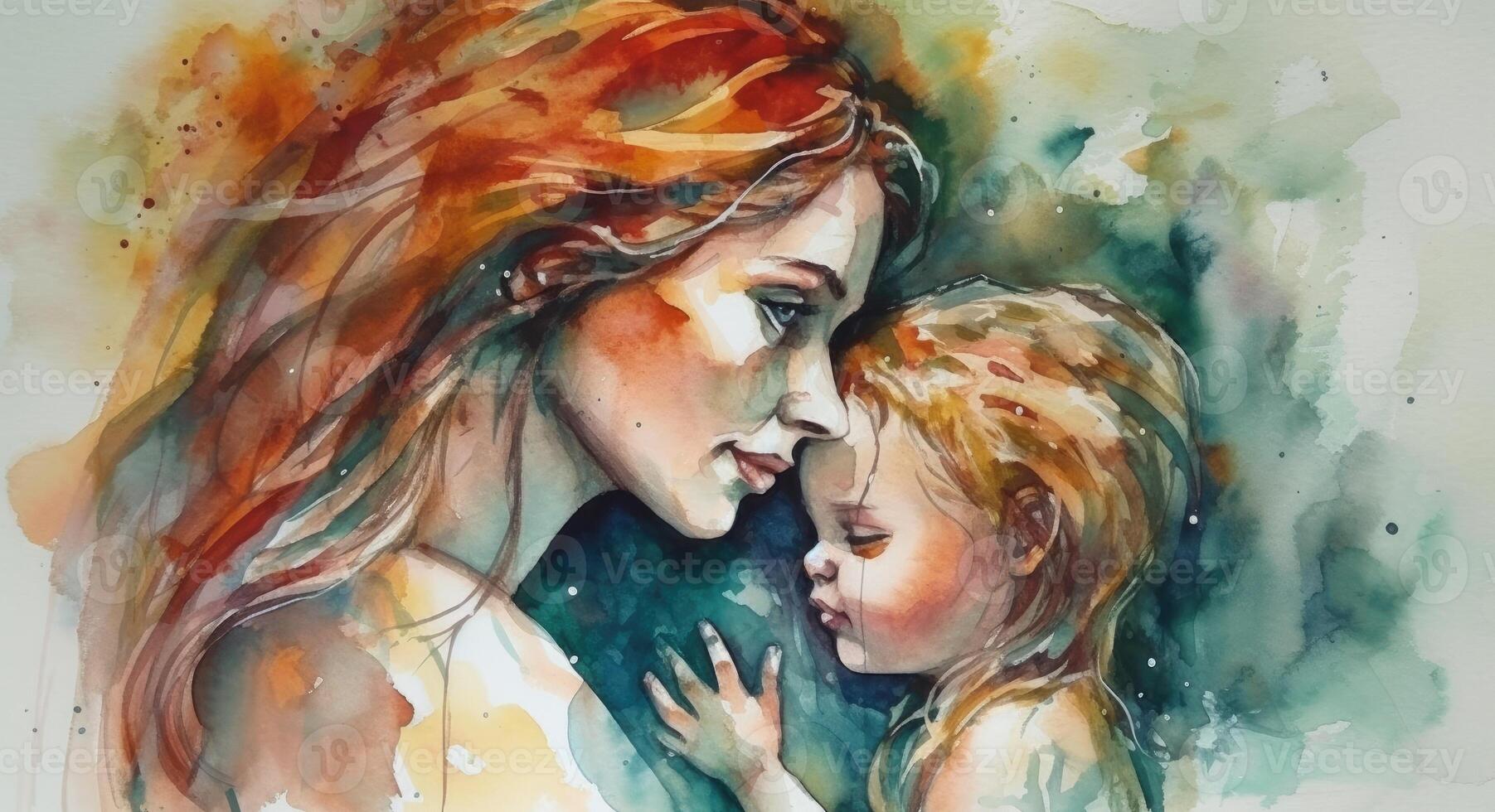 A watercolor drawing of a a mother and child together, illustration with photo