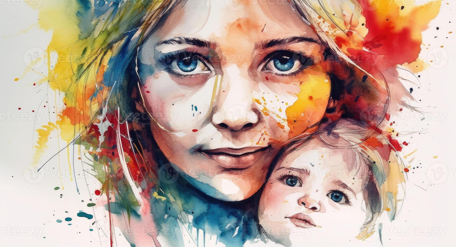A watercolor drawing of a a mother and child together, illustration with photo