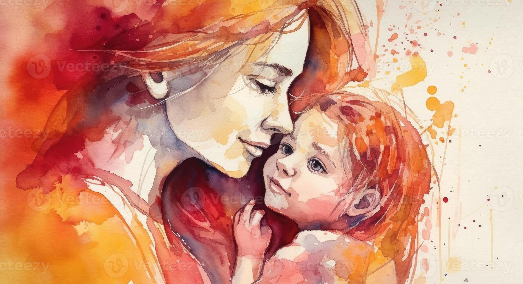 A watercolor drawing of a a mother and child together, illustration with photo