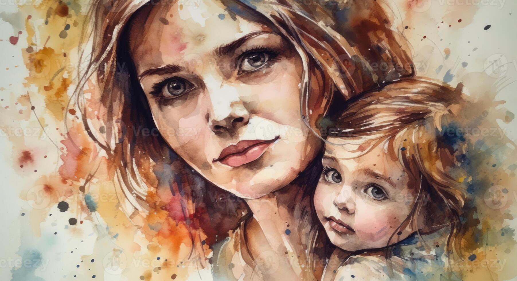 A watercolor drawing of a a mother and child together, illustration with photo