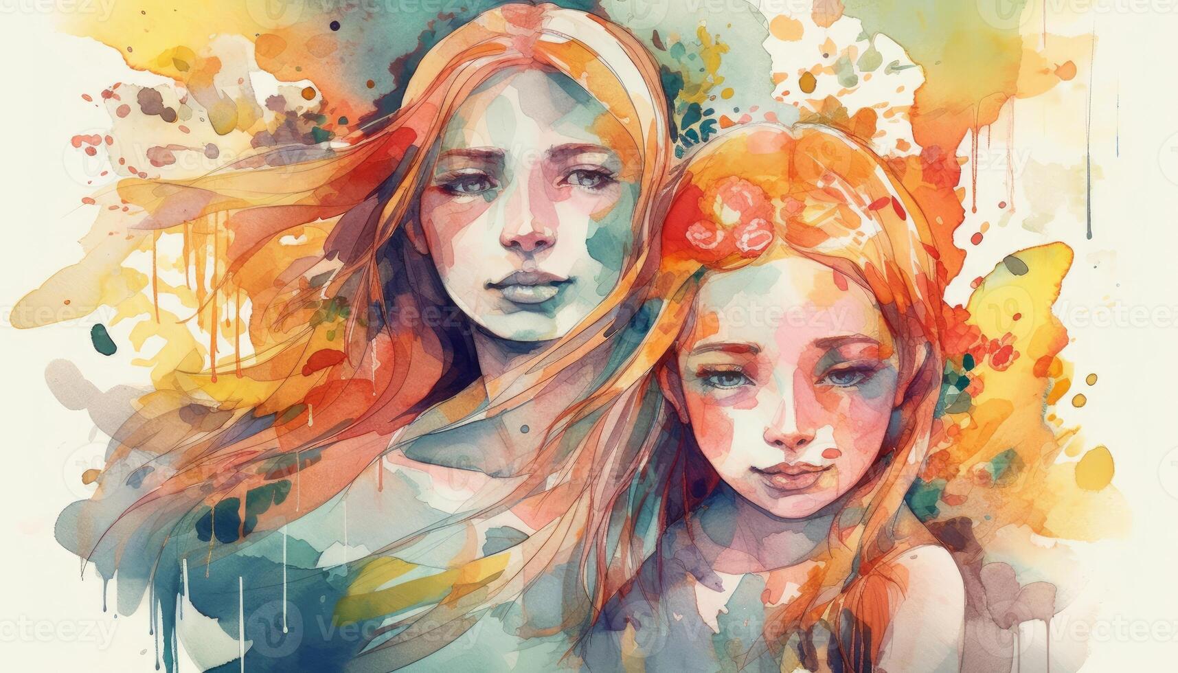 A watercolor drawing of a a mother and child together, illustration with photo