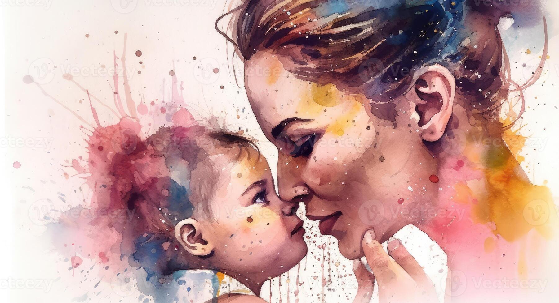 A watercolor drawing of a a mother and child together, illustration with photo